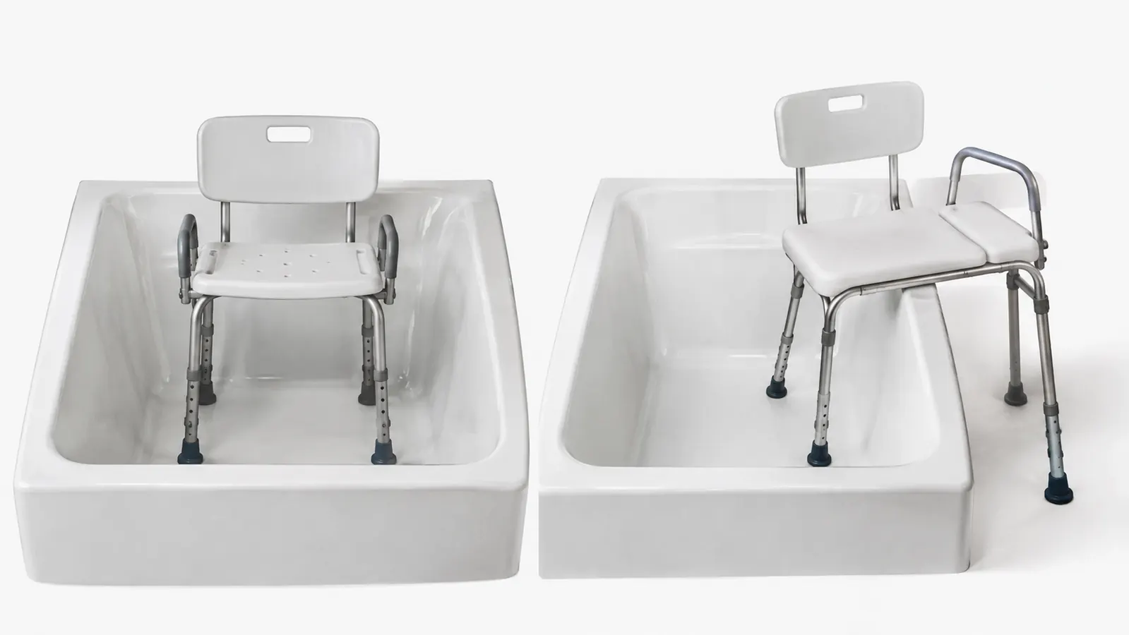 A simple illustration showing a shower chair with all four legs inside a tub and a transfer bench with two legs inside and two legs outside the tub