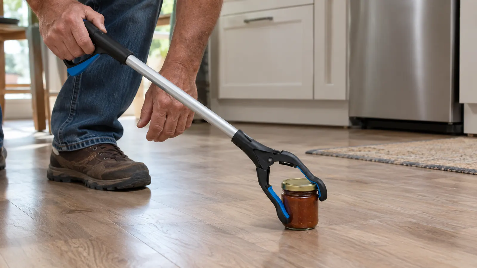 A hand using a reacher tool to pick up a small jar from a laminate kitchen floor.