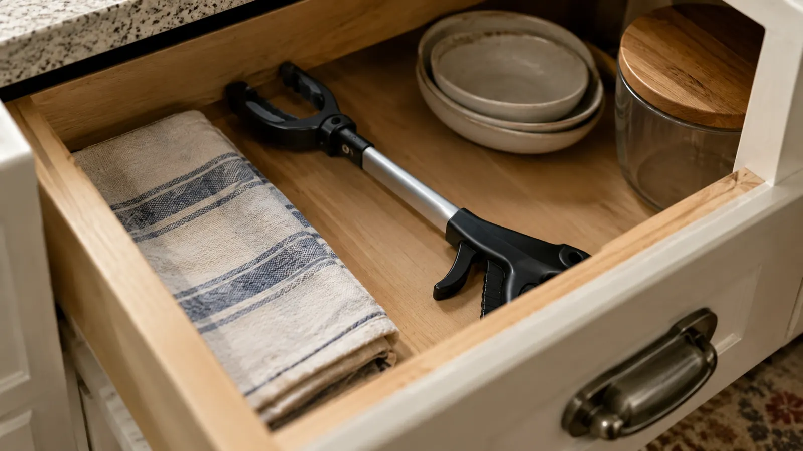 A folding reacher tool stored flat in a kitchen drawer beside a dish towel.