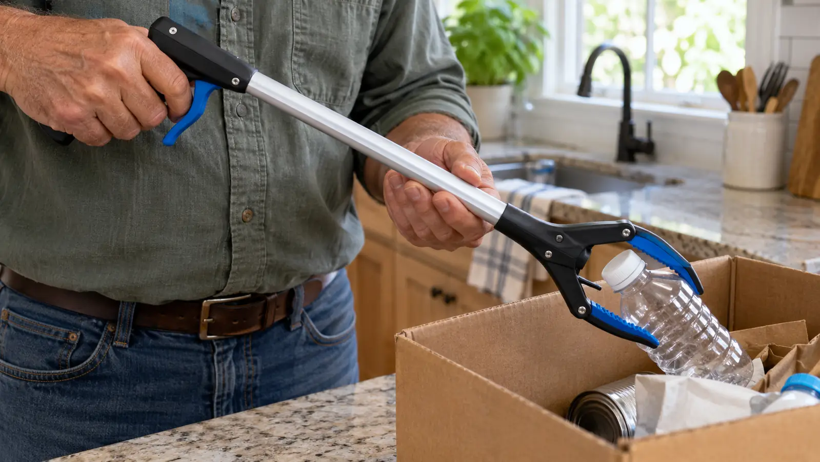 Hands holding a ZAYAD reacher grabber over a cardboard box, the claw open wide around a small plastic bottle