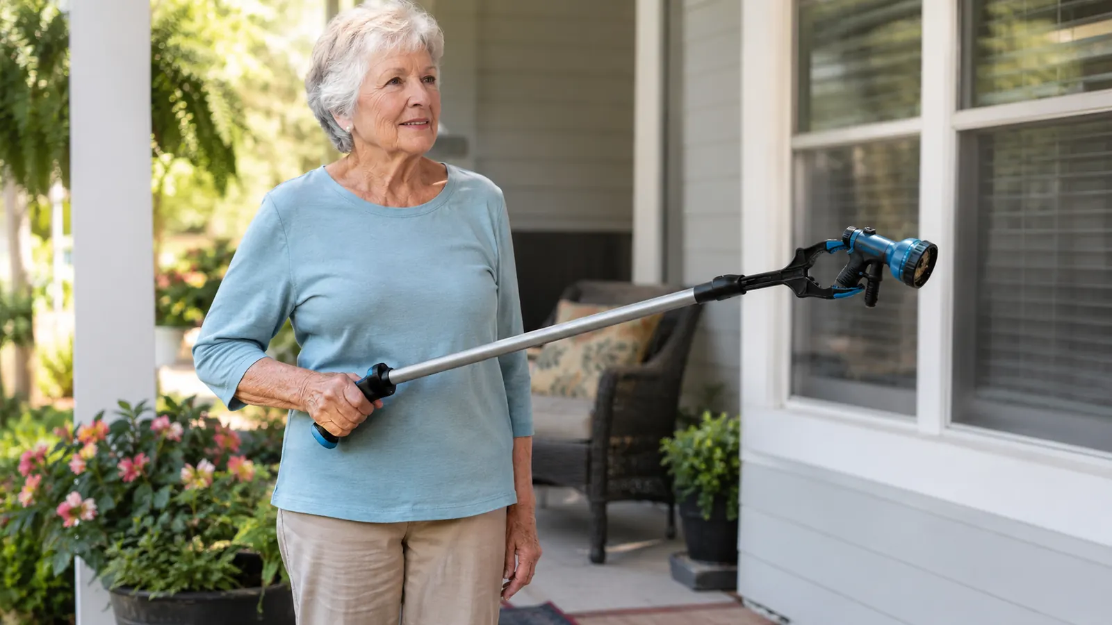 A woman in her seventies standing on a porch, holding a long-handled grabber with a small garden hose nozzle in its claw