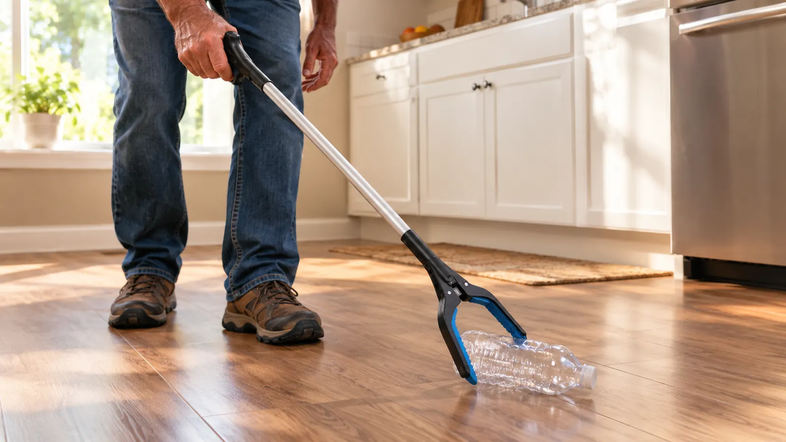 A hand using the reacher grabber tool to pick up a plastic bottle from a laminate kitchen floor