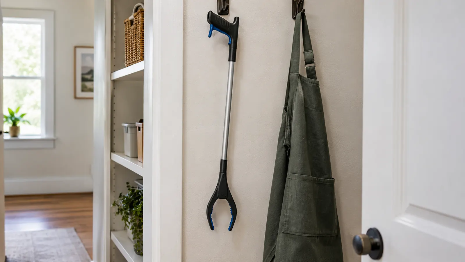 The reacher grabber tool hanging on a hook in a hall closet next to a folded apron