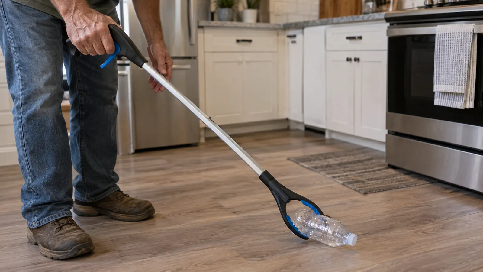 Hand pressing the trigger handle of a reacher tool while the pickup jaw holds a small plastic bottle