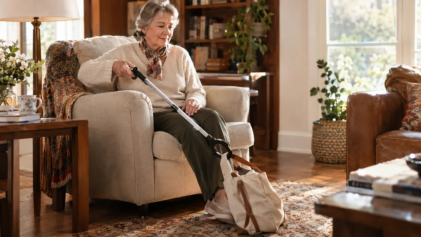 Older woman in an armchair using a foldable reacher tool to pull a lightweight canvas bag closer